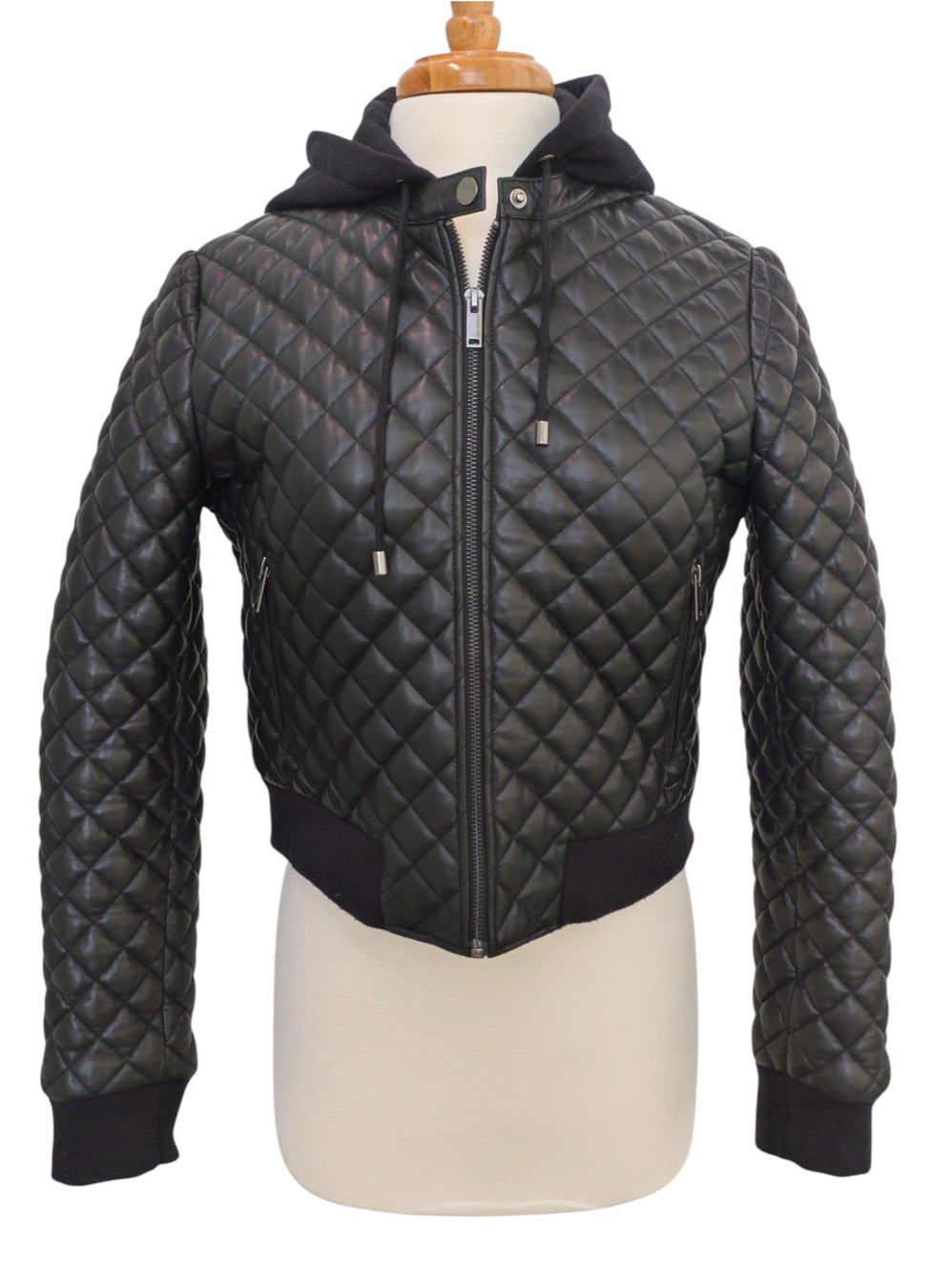 IKKS Quilted Lambskin Leather Bomber Jacket w/ Removable Hood Sz M Black
